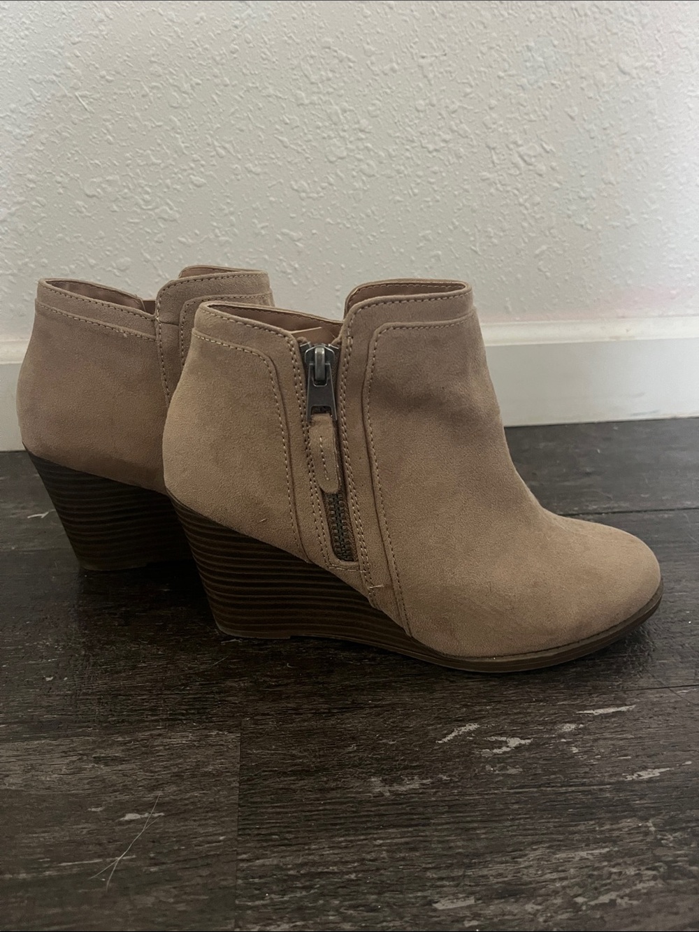 Time and Tru Taupe Suede Wedge Ankle Booties